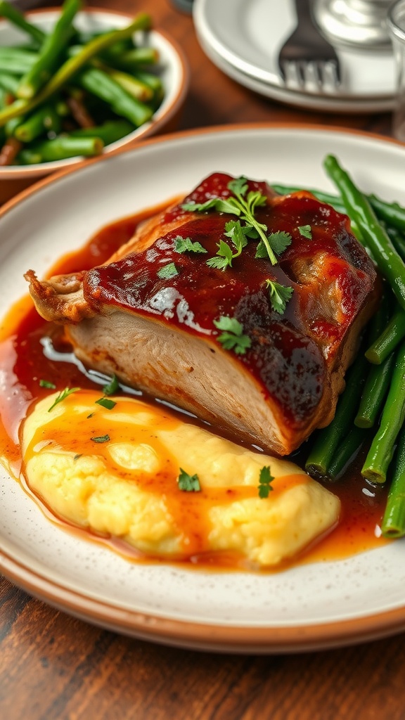 Plate of braised pork jowl with sauce and herbs, served with creamy polenta.